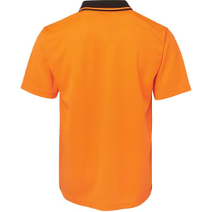 An orange work polo shirt with a black collar and a logo on the back.