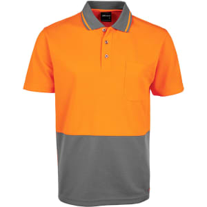 A short-sleeved work polo shirt in bright orange and grey, featuring a pocket and logo.