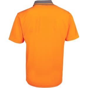 An orange work polo shirt featuring a grey collar and a logo on the back.