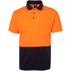 An orange and black polo shirt with a collar, two buttons, and a chest pocket, featuring a logo.
