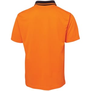 An orange work polo shirt with a black collar and a logo on the back.