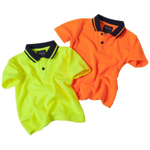 Two polo shirts in high visibility colours: one fluorescent yellow and one fluorescent orange, both with navy collars and branding.