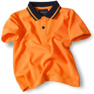 An orange work polo shirt with a navy collar and branding, featuring short sleeves and a button closure.