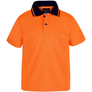 An orange work polo shirt with a dark blue collar and a front pocket, featuring a logo.
