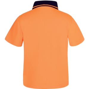 An orange work polo shirt with a navy collar, featuring a logo on the back.