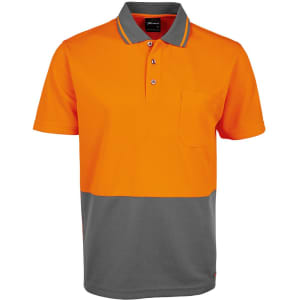 An orange and grey work polo shirt with a collar, short sleeves, and a front pocket. It features a logo.