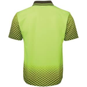 A lime green work polo shirt with a black geometric pattern at the bottom and a collar, featuring a logo.