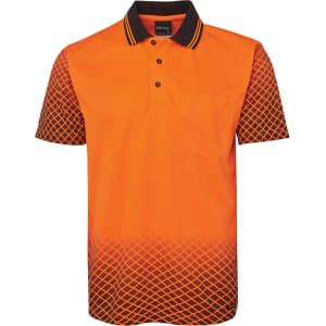 An orange polo shirt with black detailing and a pocket, featuring a diamond pattern on the lower half.