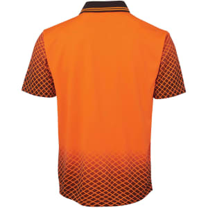 An orange and black net sub polo shirt featuring a textured design and a collar. It includes a logo.