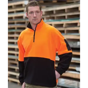 An orange and black polar fleece sweatshirt with a half-zip collar and a logo on the chest.