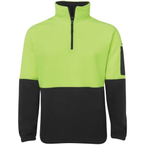 A pullover fleece top in bright lime green and black, featuring a half zip and a sleeve pocket. It has a logo.