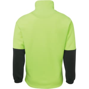 A high-visibility polar fleece jumper in bright yellow-green with black sleeves and cuffs. It has a logo on it.