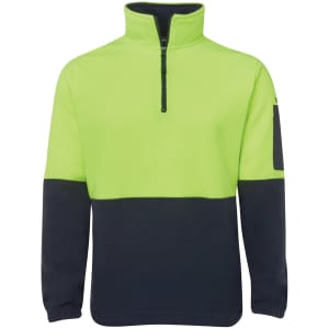 A high-visibility polar fleece pullover in bright lime green and navy, featuring a zip neck and a side pocket.