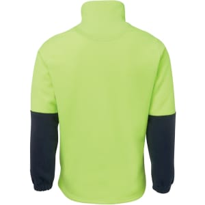 A bright lime green polar fleece with navy blue sleeves and a high collar, featuring a branded logo.