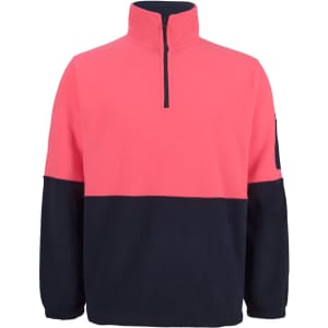 A half-zip polar fleece in coral and navy, featuring a chest pocket and a branded logo on the sleeve.