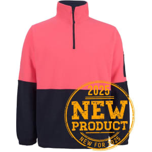 A polar fleece pullover in pink and navy with a half-zip design and a branding logo on the sleeve.