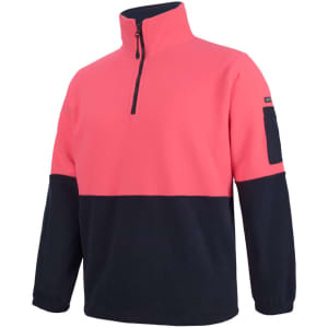 A zip-up polar fleece in bright pink and navy, featuring long sleeves and a pocket on the arm.