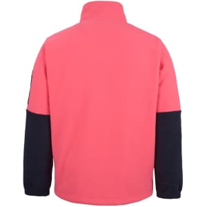 A polar fleece jacket in pink with navy sleeves, featuring a high collar and a plain back design.
