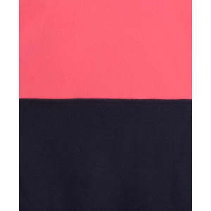 A polar fleece garment featuring a pink upper section and a navy lower section, with a logo present.