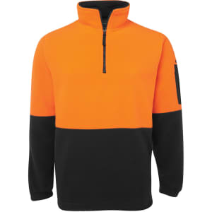 An orange and black polar fleece with a half-zip collar, featuring a side pocket and a logo.