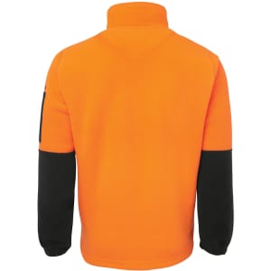 A brightly coloured orange polar fleece jacket with black sleeves and a high collar. It features a logo on the sleeve.