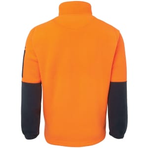 An orange and navy polar fleece work top featuring a high collar and long sleeves. It has a logo on one sleeve.
