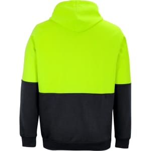 A bright hi-vis yellow and black hoodie with a hood, featuring a panelled design and a logo on the back.