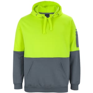 A high-visibility hoodie in bright yellow and grey, featuring a front pocket and a branding logo.