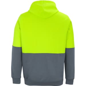 A high-visibility pullover hoodie in fluorescent yellow and grey, featuring a hood and a plain design with a logo.