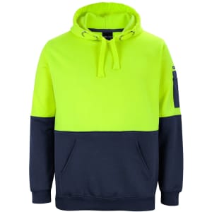 A high-visibility hoodie in bright yellow and navy, featuring a front pocket and a logo on the sleeve.