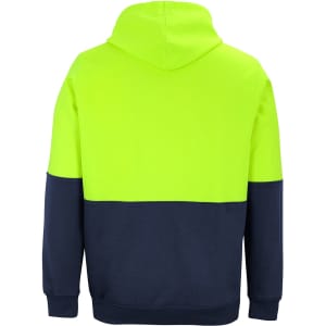 A bright yellow and navy hoodie with a hood and long sleeves, featuring a branding logo.