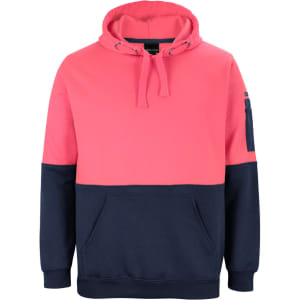 A pink and navy hoodie with a front pocket and a logo on the sleeve. Ideal for workwear or casual wear.
