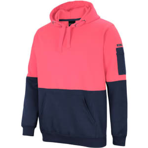A pink and navy hoodie with a front pocket, hood, and sleeve branding.