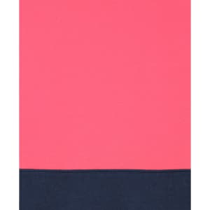 A pink and navy blue hoodie featuring a branded logo, designed for workwear.