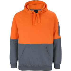 An orange and grey hoodie featuring a front pocket and a logo. Designed as workwear for comfort and durability.