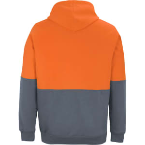 A work hoodie featuring a grey body with an orange upper section and a hood, complete with a logo.