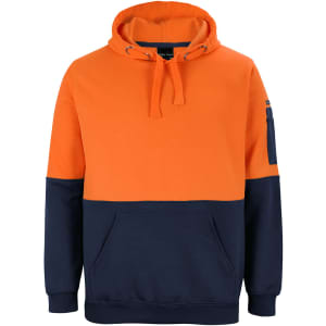 A hooded sweatshirt featuring a bright orange upper and a navy blue lower, with a front pocket and a logo.