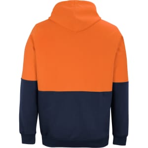 An orange and navy blue hoodie with a hood, featuring a colour-block design and a logo on the front.