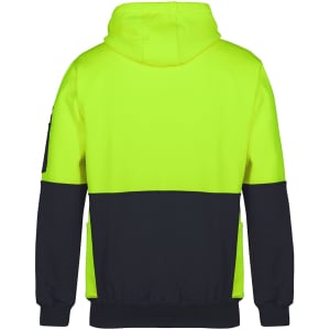 A high-visibility hoodie in bright yellow and black, featuring a hood and a logo on the sleeve.