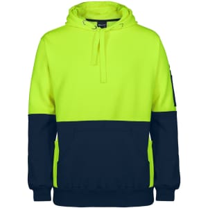 A high-visibility hooded sweatshirt featuring a bright yellow upper and navy blue lower sections. Includes a logo.