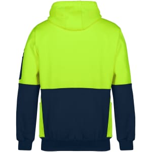 A hoodie featuring a high-visibility yellow upper and navy blue lower section, with a logo on the left sleeve.