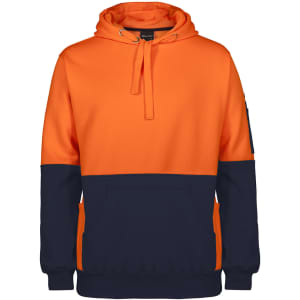 An orange and navy pullover hoodie featuring a front pocket and a logo on the sleeve.