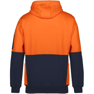 An orange and navy hoodie with a hood, featuring a logo on the sleeve. Ideal for workwear use.
