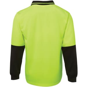 A long-sleeve polo shirt featuring a vibrant yellow body and black sleeves, with a collar and a logo.