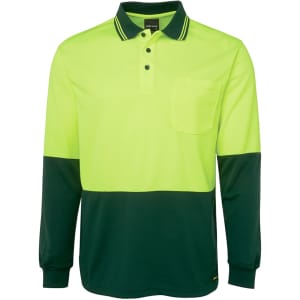 A long-sleeve polo shirt in high vis yellow and dark green, featuring a pocket and a branding logo.