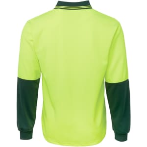 A long-sleeved polo shirt in fluorescent yellow and dark green, featuring a logo on the back.
