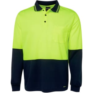 A high-visibility long sleeve polo shirt in bright yellow and navy blue, featuring a chest pocket and logo.