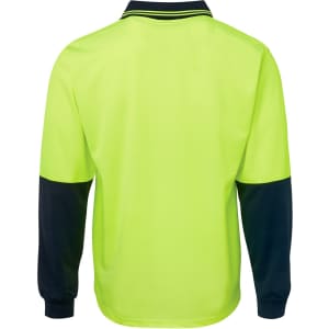 A long-sleeved polo shirt in high visibility yellow with navy blue sleeves and a collar. Features a brand logo.