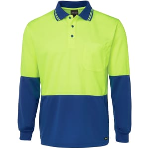 A long-sleeve polo shirt in fluorescent yellow and navy blue, featuring a pocket and a logo.