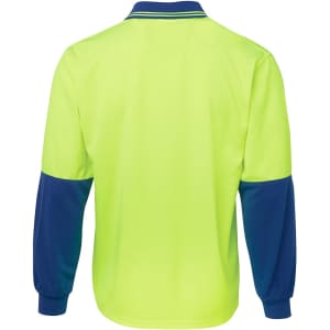 A long-sleeve polo shirt in hi-vis yellow with navy blue sleeves, featuring a collar and branding.